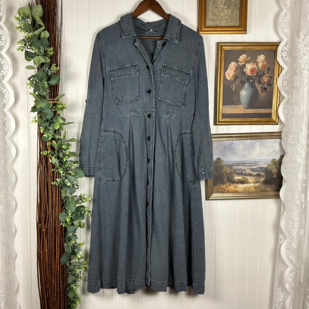 Free People Midi Dress Womens Small Gray Excellent Linen Blend Button Front